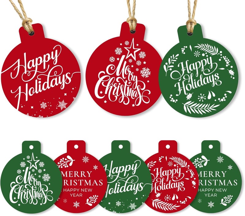 Paper Play Ornament-Shaped Christmas Gift Tags - 80 Round Holiday Tags with String, 8 Festive Designs - 350gsm Christmas Name Tags for Gifts - Image 1